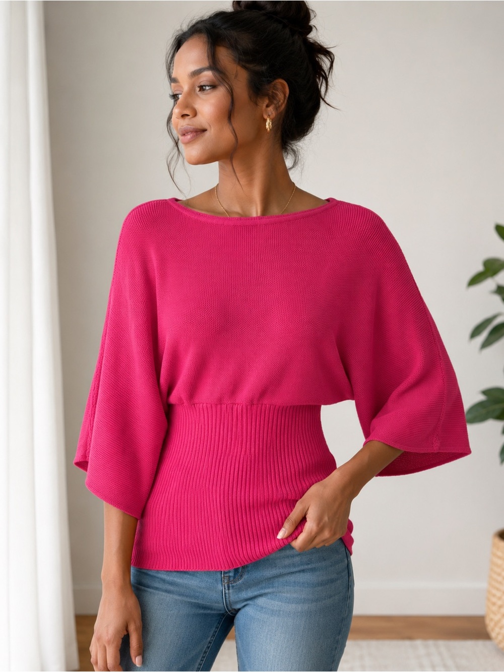 Anne Klein Pink Dolman Sleeve Knit Sweater Women’s 0X Boat Neck Cotton Blend